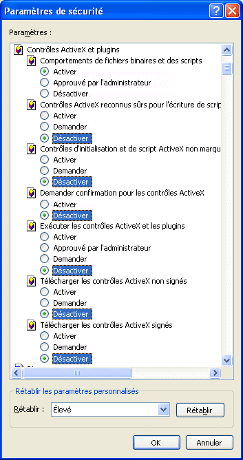 Réglages ActiveX moyen dans Internet Explorer